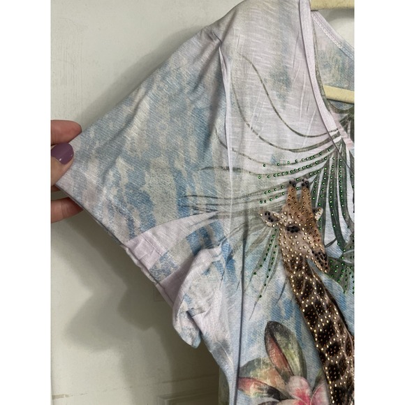 90s Y2K Safari Bling Sharkbite Top Sz 2XL Fitted Cap Sleeve Semi Sheer‎ Stretch - Picture 3 of 8